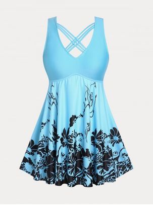 Plus Size & Curve Floral Print Crisscross Modest Tankini Swimsuit