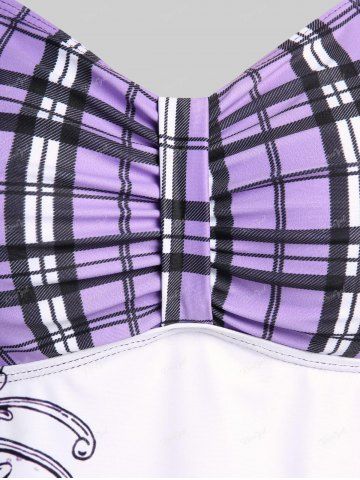 Plus Size & Curve Halter Plaid Skull Print Backless Gothic Modest Tankini  Swimsuit