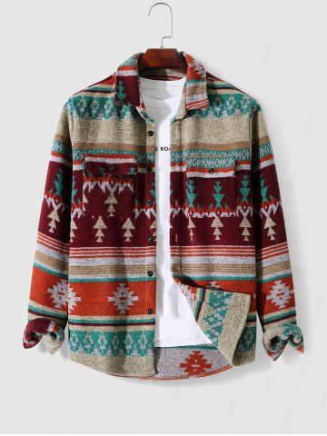 Tribal Geometric Ethnic Aztec Printed Blend Wool Shirt Jacket - DEEP RED - S