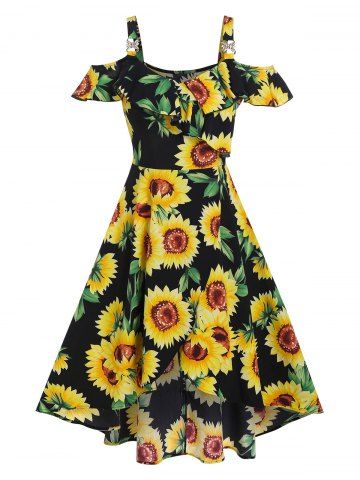 Cold Shoulder Ruffled Sunflower Print High Low Dress - BLACK - M