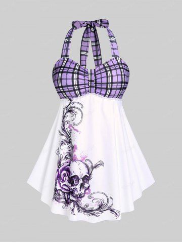 Plus Size & Curve Halter Plaid Skull Print Backless Gothic Modest Tankini  Swimsuit