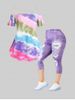 Tie Dye Chain Cold Shoulder Tee and 3D Jean Print Capri Jeggings Plus Size Summer Outfit -  