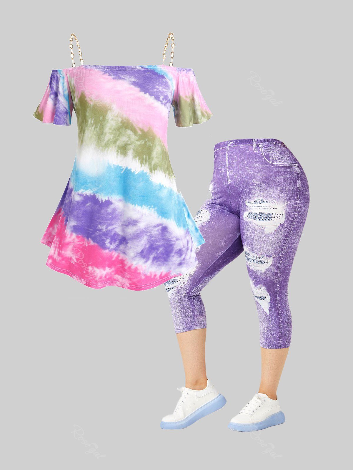 Cheap Tie Dye Chain Cold Shoulder Tee and 3D Jean Print Capri Jeggings Plus Size Summer Outfit  