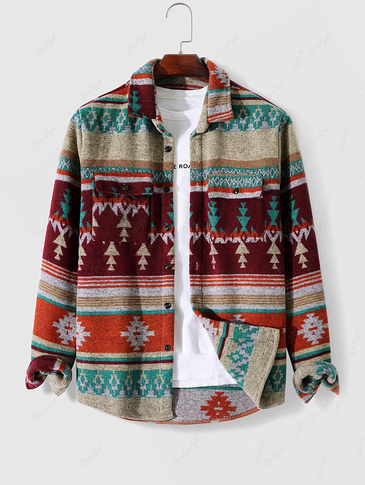Cheap Tribal Geometric Ethnic Aztec Printed Blend Wool Shirt Jacket  