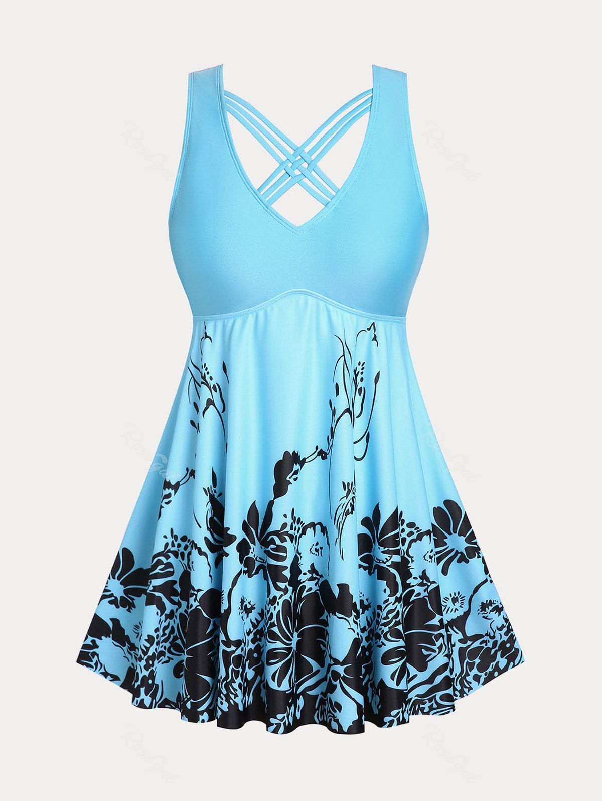 Hot Plus Size & Curve Floral Print Crisscross Modest Tankini Swimsuit  