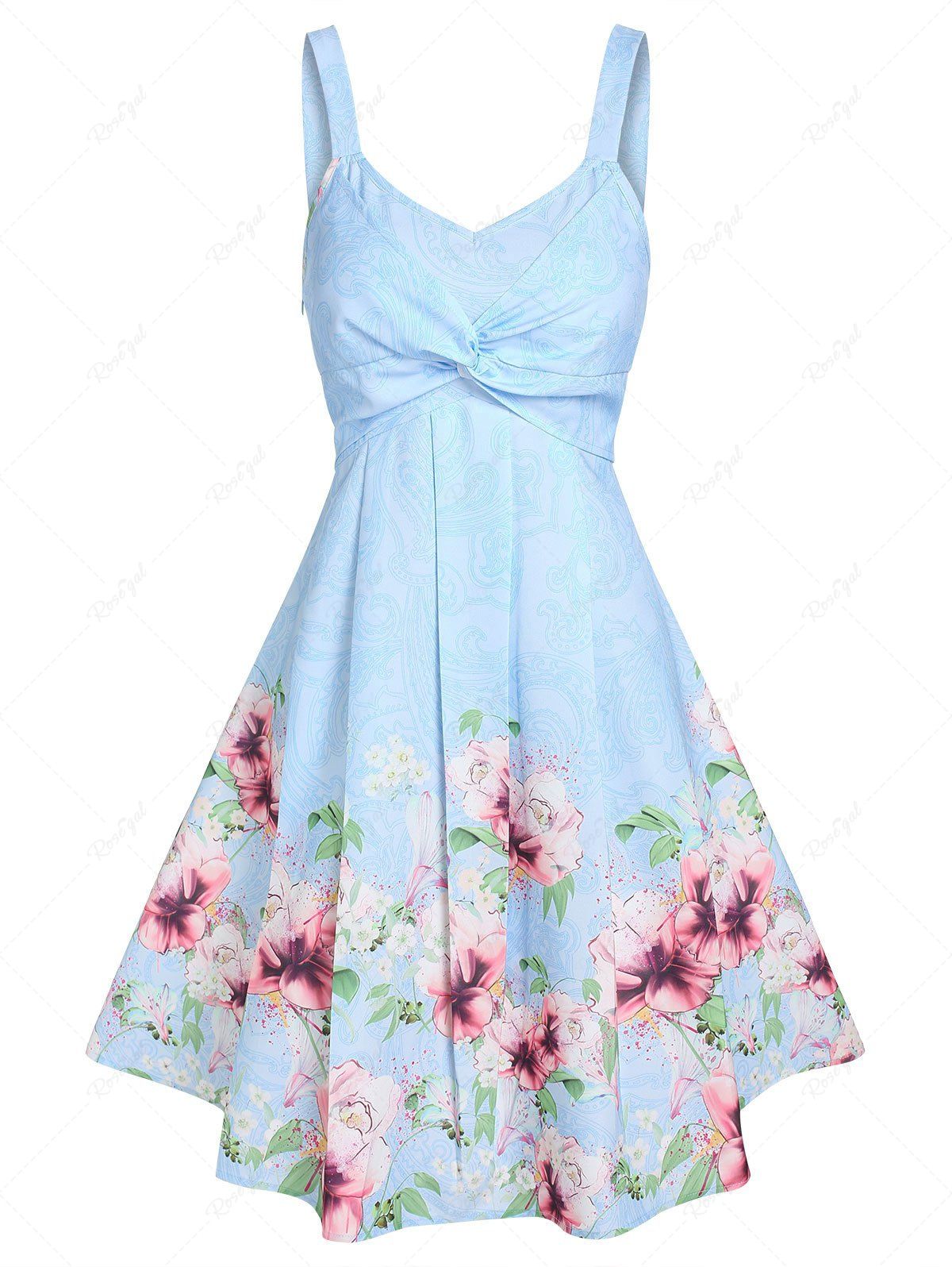 Robe Ligne A Tordue à Imprimé Fleur Bleu clair XXL