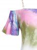 Tie Dye Chain Cold Shoulder Tee and 3D Jean Print Capri Jeggings Plus Size Summer Outfit -  