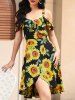 Robe Haute Basse à Imprimé Tournesol à Epaule Dénudée à Volants - Noir XL