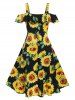 Robe Haute Basse à Imprimé Tournesol à Epaule Dénudée à Volants - Noir XL