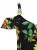 Robe Haute Basse à Imprimé Tournesol à Epaule Dénudée à Volants - Noir XL