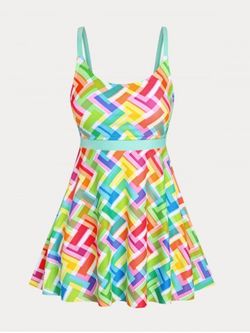 Plus Size & Curve Zigzag Colorblock Padded Boyleg Modest Swim Dress Set - MULTI - 1X