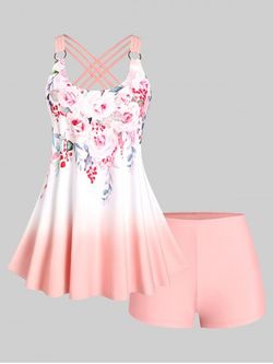 Plus Size & Curve Ombre Color Floral Print Crisscross Modest Tankini Swimsuit - LIGHT PINK - 1X