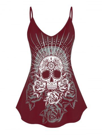 Skull Rose Print Plus Size Gothic Tank Top (Adjustable Straps) - DEEP RED - 3XL