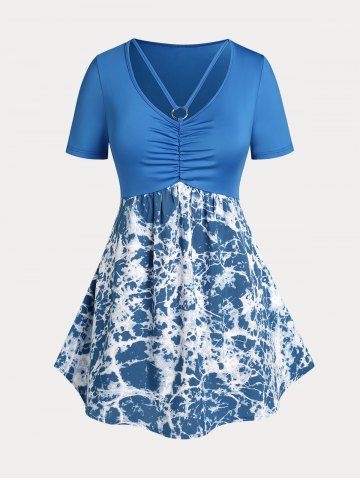Plus Size & Curve Ruched Marble Print Skirted Tee - BLUE - 4X | US 26-28