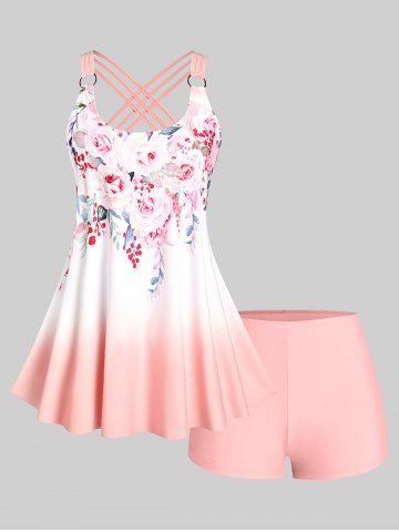 Plus Size & Curve Ombre Color Floral Print Crisscross Modest Tankini Swimsuit - LIGHT PINK - 4X