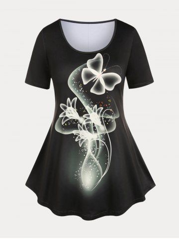 Plus Size & Curve Butterfly Flower Print Basic Tee