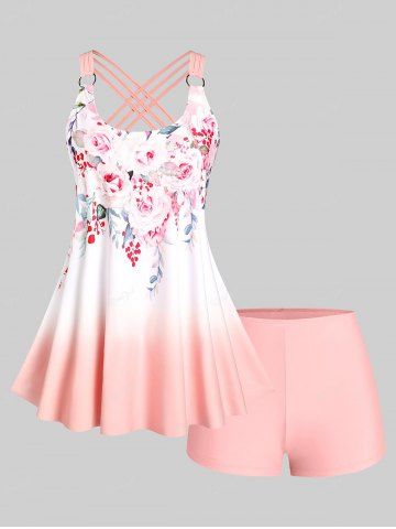 Maillot de Bain Tankini Modeste Croisé Ombre à Imprimé Floral Grande Taille - LIGHT PINK - L