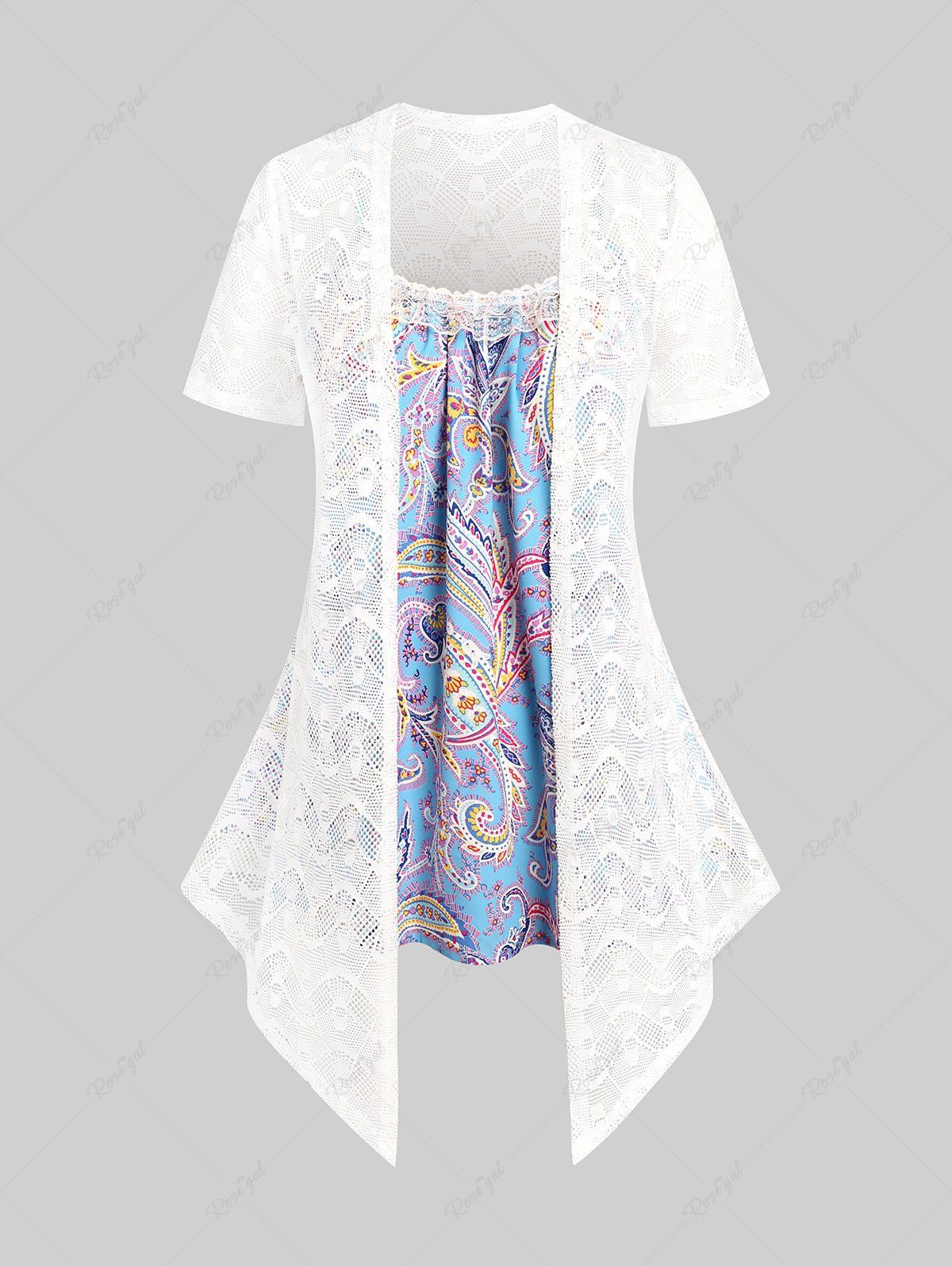 Trendy Plus Size & Curve Paisley Camisole and Sheer Lace Top Set  