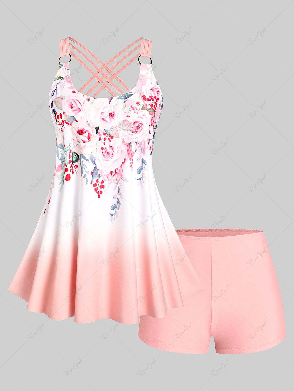 Hot Plus Size & Curve Ombre Color Floral Print Crisscross Modest Tankini Swimsuit  