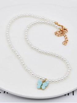 Collier Papillon avec Fausse Perle Style Bohémien - LIGHT BLUE