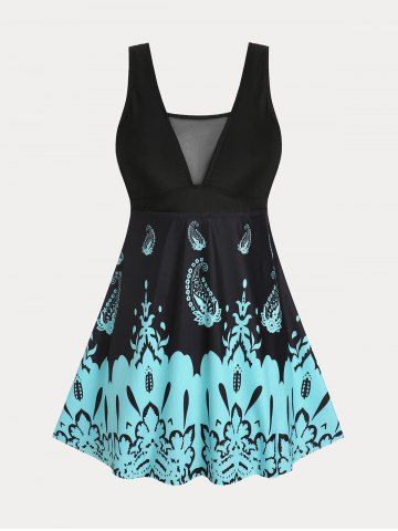 Plus Size & Curve Paisley Colorblock Padded Mesh Panel Tankini Swimsuit