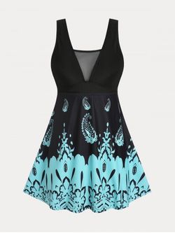 Plus Size & Curve Paisley Colorblock Padded Mesh Panel Tankini Swimsuit - MULTI - 1X