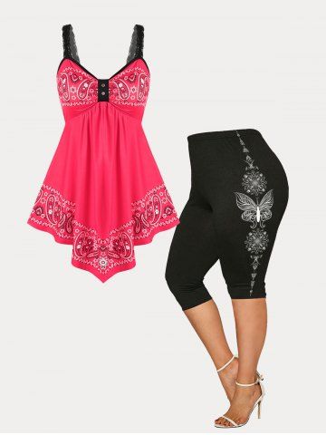 Paisley Butterfly Tank Top and Capri Leggings Plus Size Summer Outfit - RED