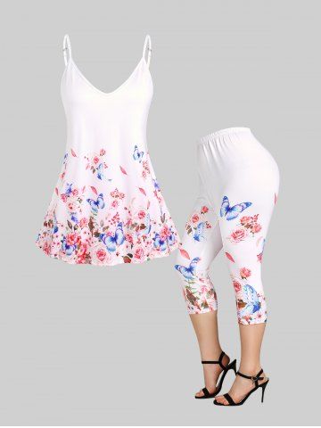 Cottagecore Rose Butterfly Print Tank Top and Curve Capri Leggings Plus Size Summer Outfit