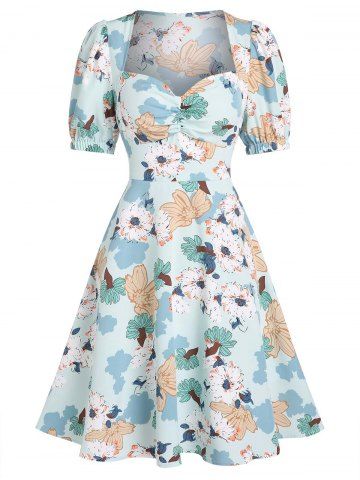 Puff Sleeve Flower Printed Dress - LIGHT BLUE - M