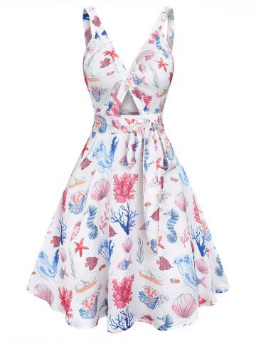 Marine Life Print Cut Out Dress - WHITE - M