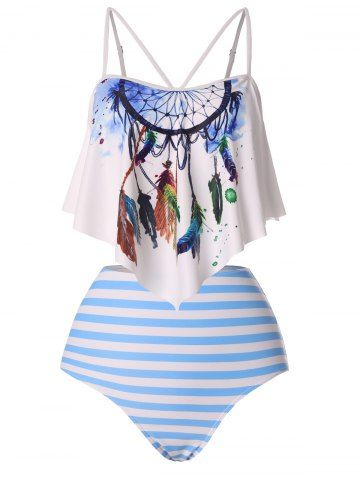 Feather Dreamcatcher Print Top And Stripe Bottoms Set - WHITE - S