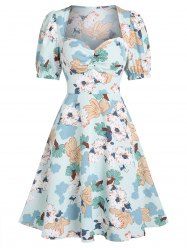 Puff Sleeve Flower Printed Dress -  