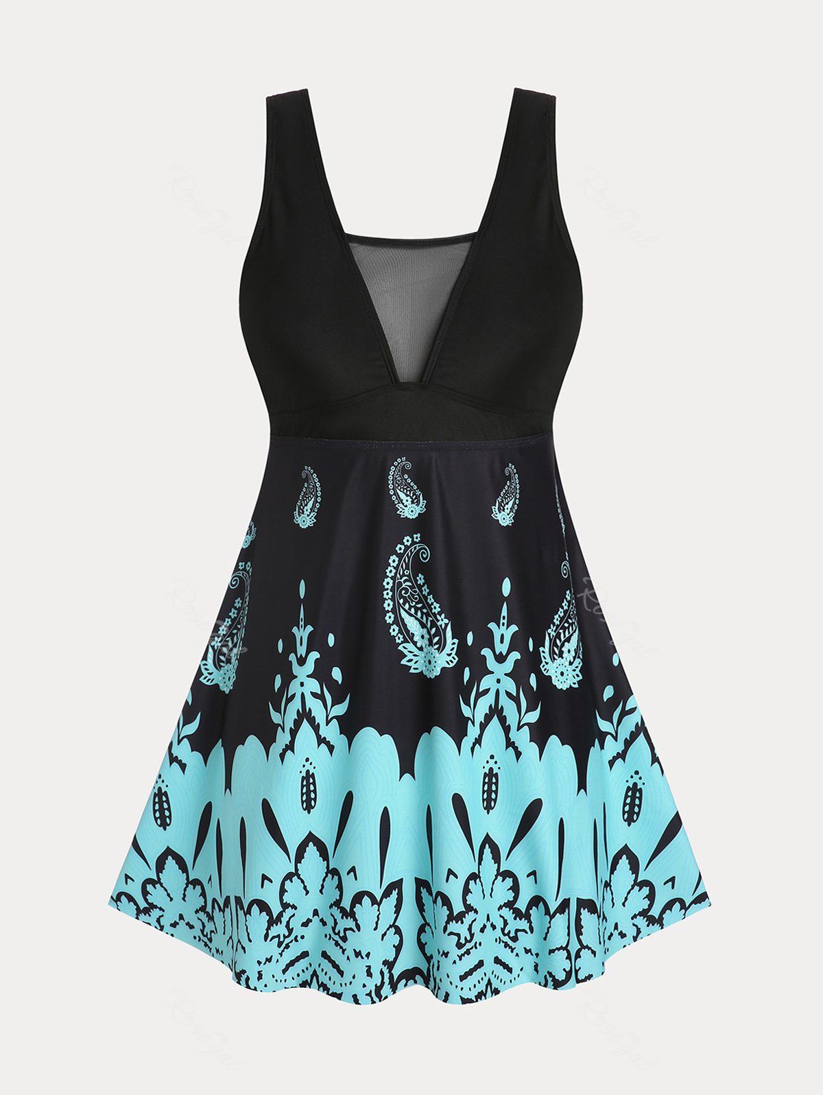 Hot Plus Size & Curve Paisley Colorblock Padded Mesh Panel Tankini Swimsuit  