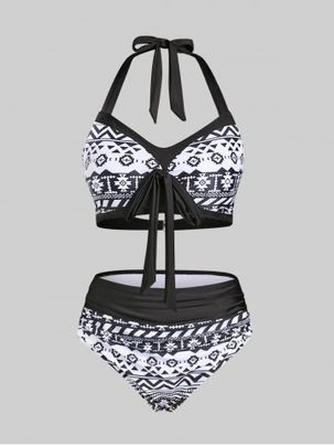 Plus Size & Curve Cutout Geometry Padded Halter Bikini Swimsuit