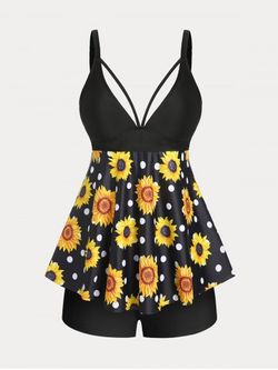 Plus Size & Curve Plunge Sunflower Print Boyleg Tankini Swimsuit - BLACK - 4X