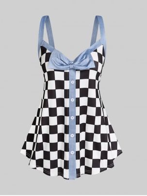 Plus Size & Curve Bowknot Checkerboard Tank Top