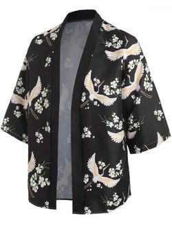Floral Bird Print Kimono Shirt - BLACK - S