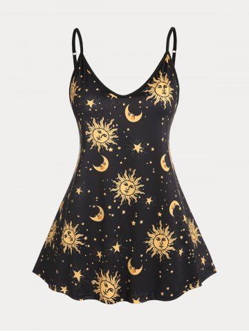 Plus Size Sun Moon Print Flowy Tank Top (Adjustable Straps) - BLACK - 5XL