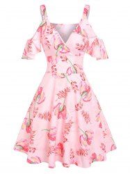 Open Shoulder Floral Print Flounce Dress -  