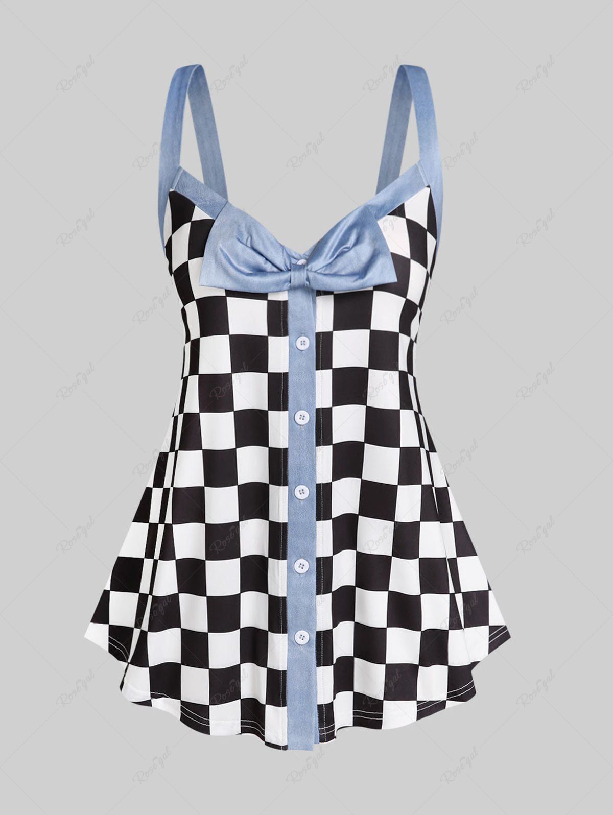 Discount Plus Size & Curve Bowknot Checkerboard Tank Top  