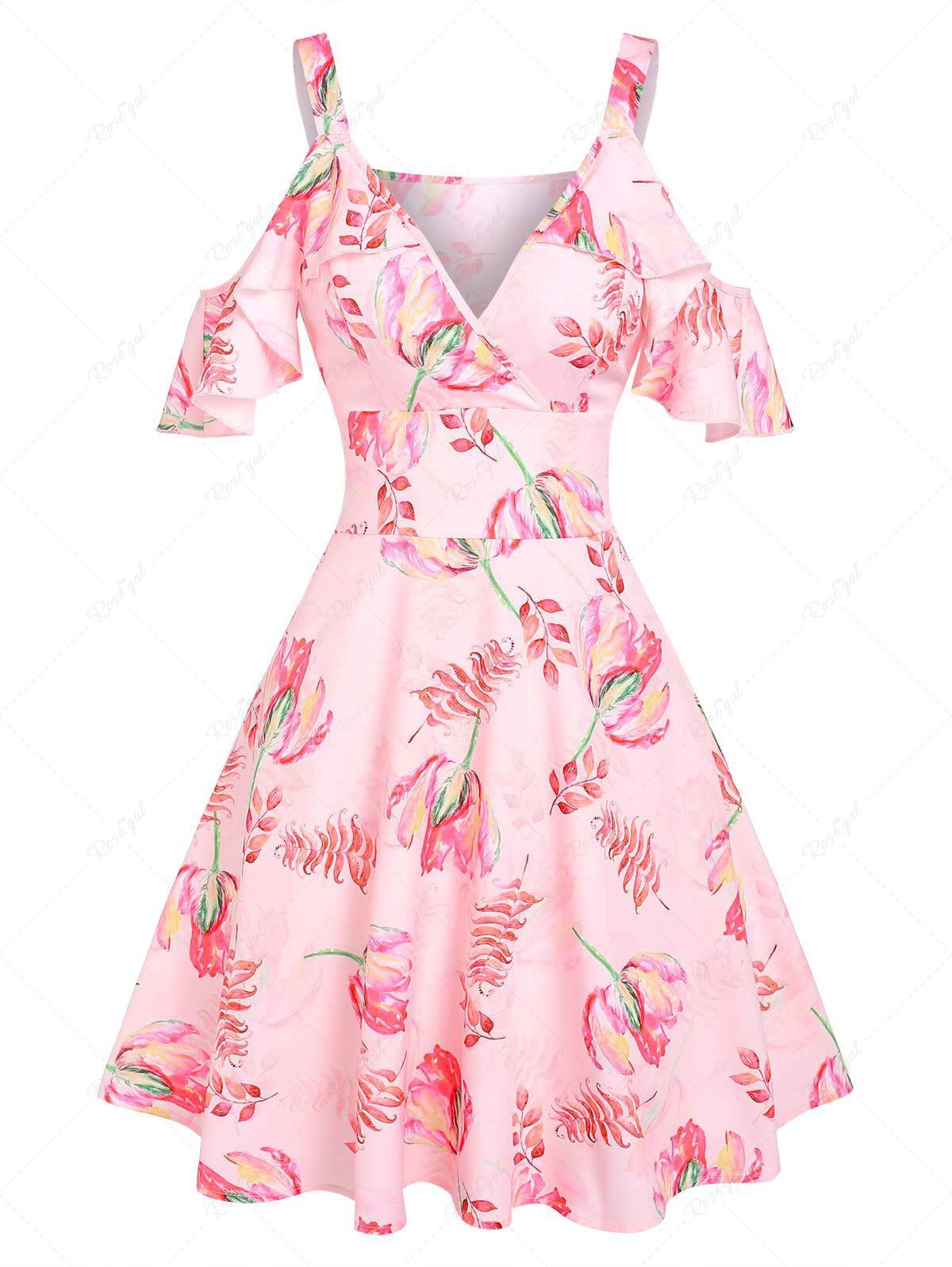 Buy Open Shoulder Floral Print Flounce Dress  