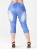 Legging Corsaire à Imprimé 3D Papillon en Denim de Grande Taille - Bleu 2X | US 18-20