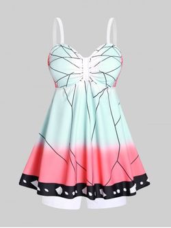 Plus Size & Curve Butterfly Print Empire Waist Modest Tankini Swimsuit - LIGHT PINK - 2X