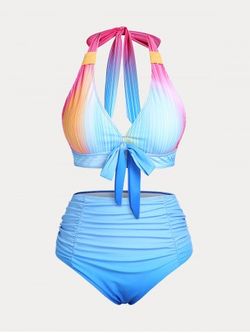 Plus Size & Curve Halter Ombre Color High Waist Ruched Bikini Swimsuit - BLUE - 2X