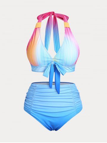 Plus Size & Curve Halter Ombre Color High Waist Ruched Bikini Swimsuit - BLUE - 5X