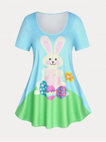 Plus Size & Curve Cute Easter Egg Rabbit Print Tee - LIGHT BLUE - 3X | US 22-24