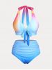 Maillot de Bain Bikini en Couleur Ombrée à Taille Haute de Grande Taille à Volants à Col Halter - Bleu L