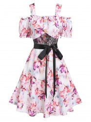 Cold Shoulder Flower Lace Insert Dress -  