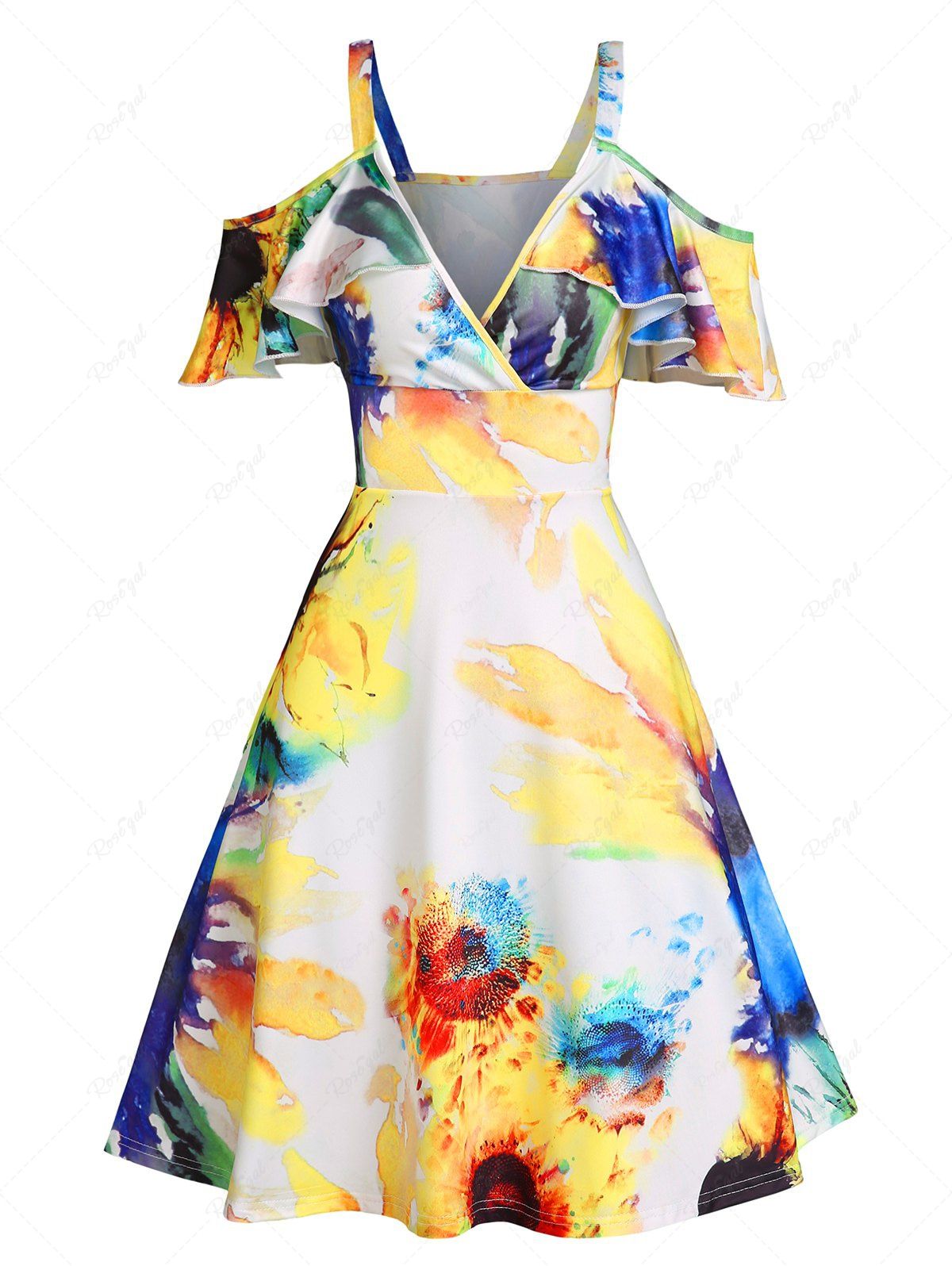 Robe Trapèze à Imprimé Florale à Épaule Dénudée Jaune L