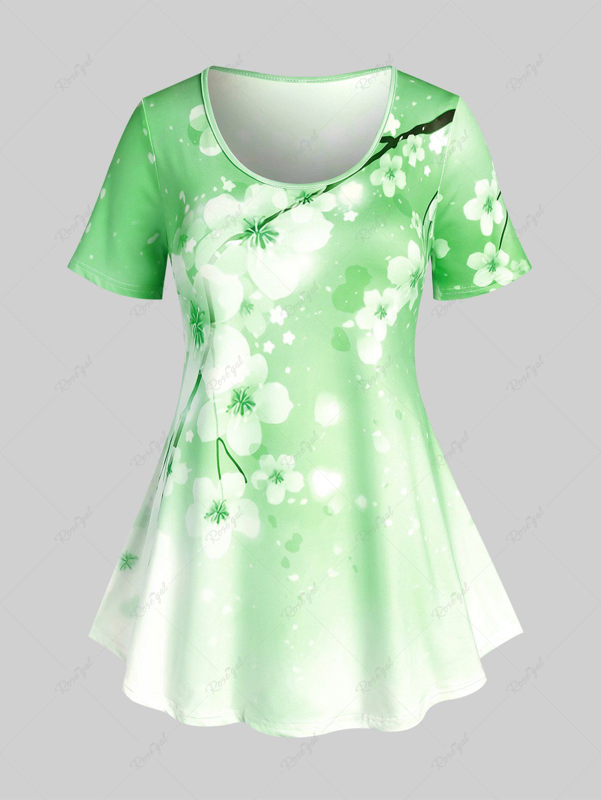 T-shirt à Imprimé Fleur de Sakura Curve Cottagecore Grande Taille Vert 1X | US 14-16